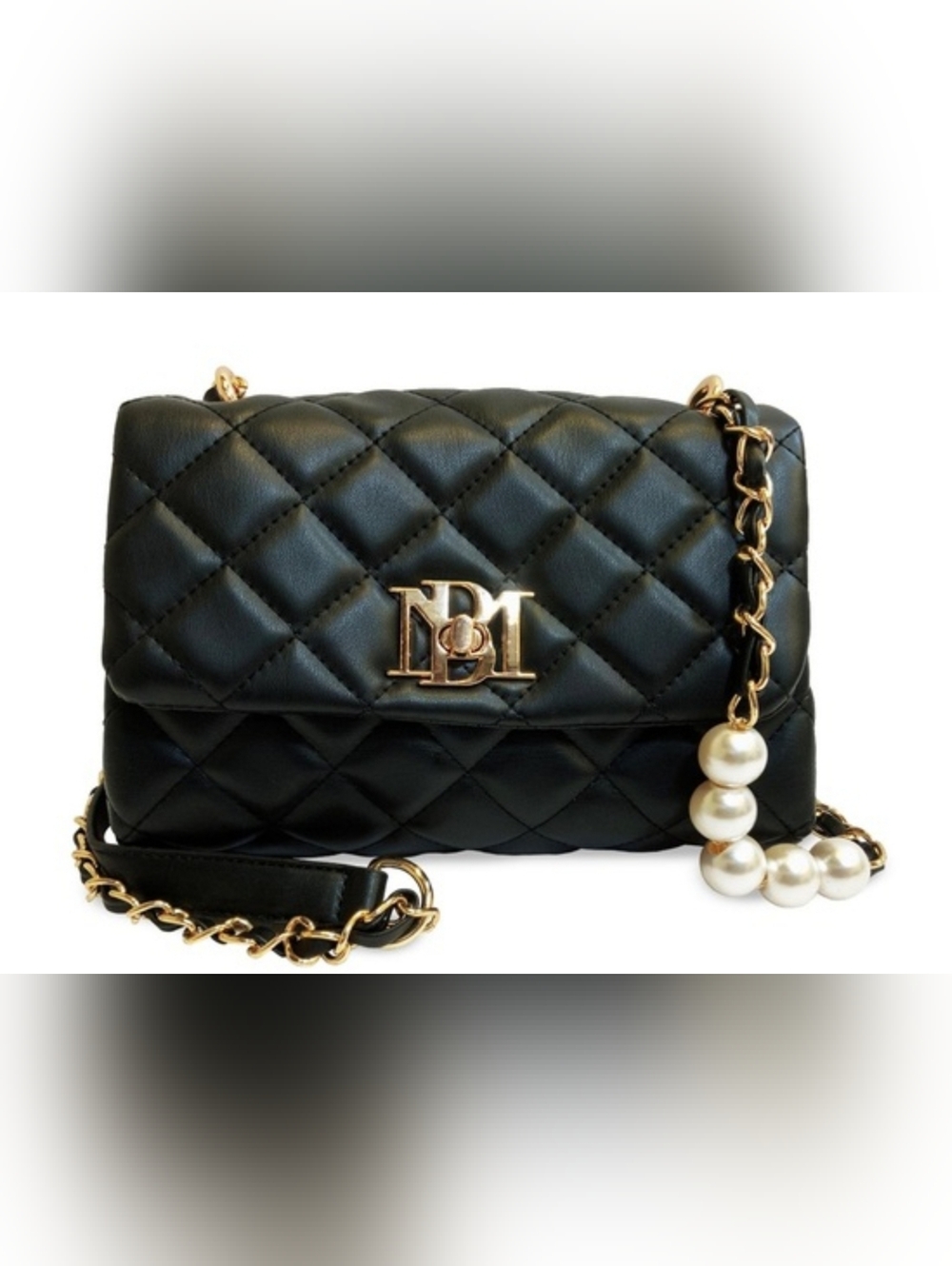 Badgley Mischka Black Quilted Crossbody with Gold Chain and Pearl Accent